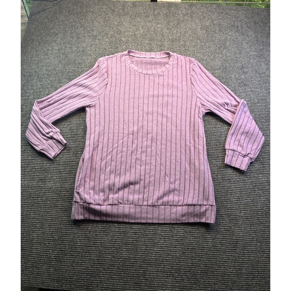 Womens Lavender Purple Ribbed Knit Long Sleeve Pullover Top with Pockets Large